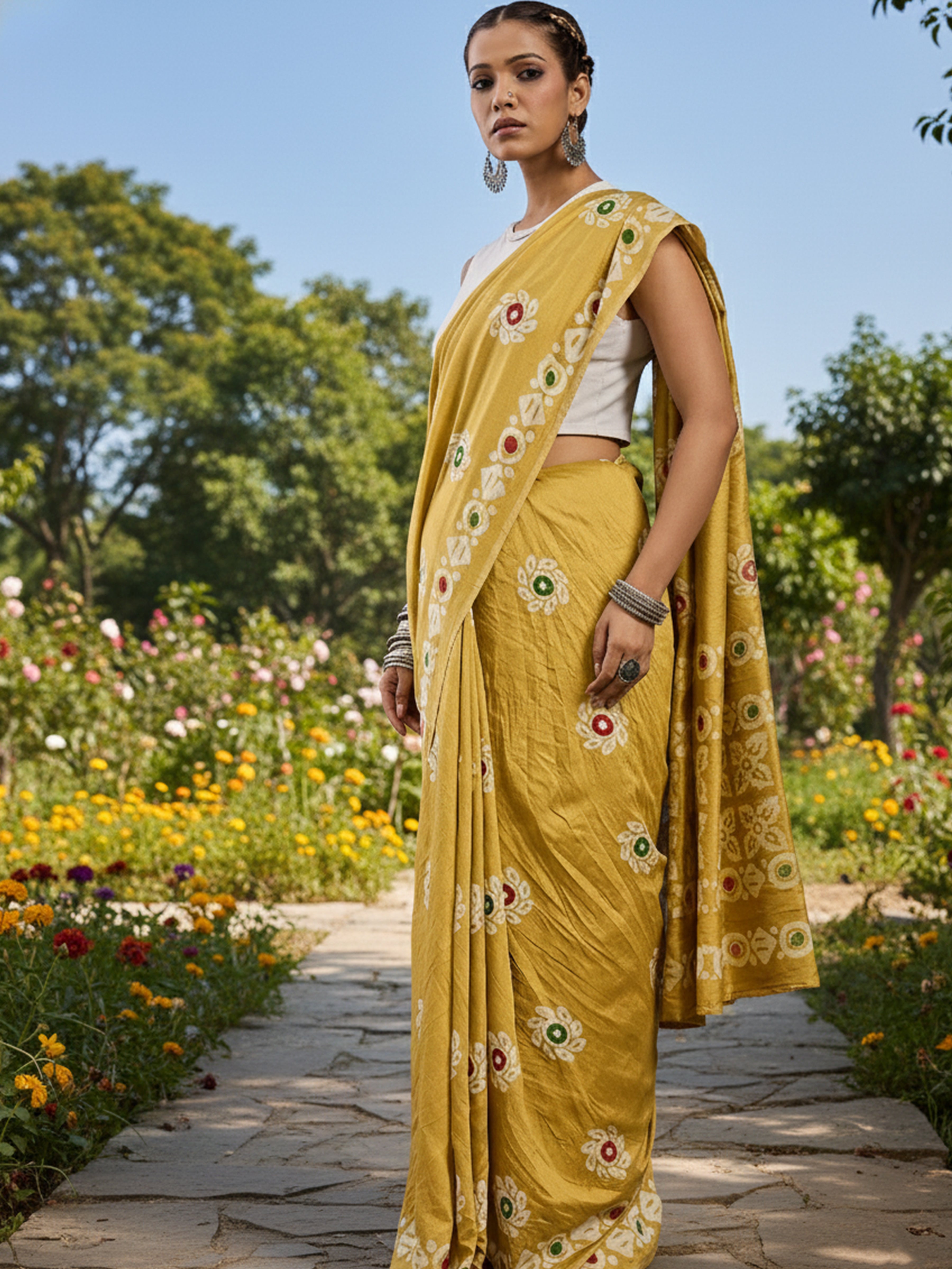 BATIK1 PURE CHANDERI COTTON SILK YELLOW SAREE