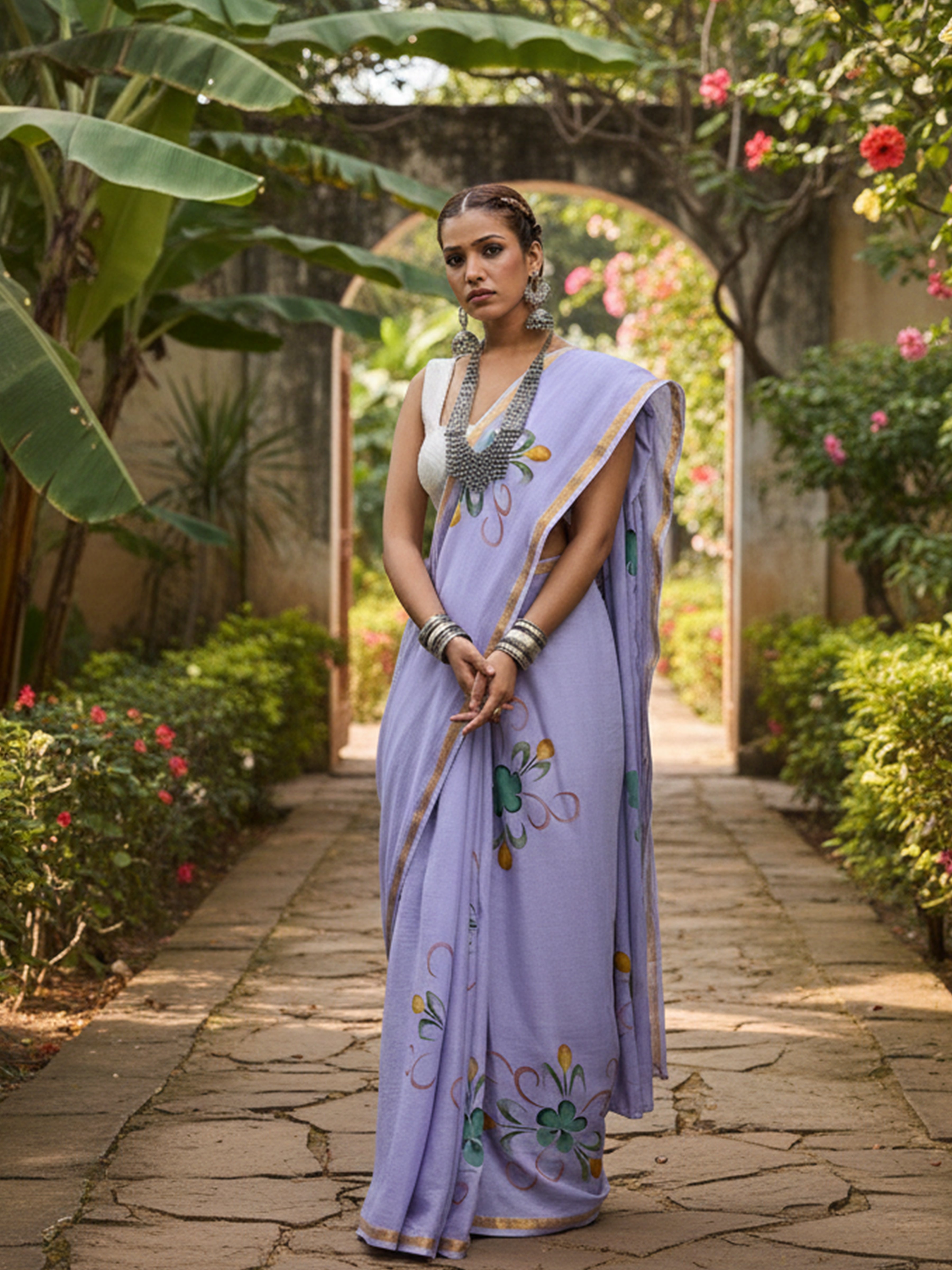 PANIHARI HAND PAINT10 SOFT MASLIN COTTON WITH HEVY ZARI BODAR PURPLE SAREE