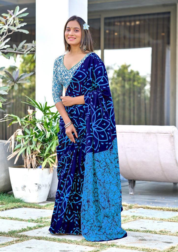 AARICA PURE MULMUL COTTON BATIK STYLE HAND BLOCK PRINTD BLUE SAREE