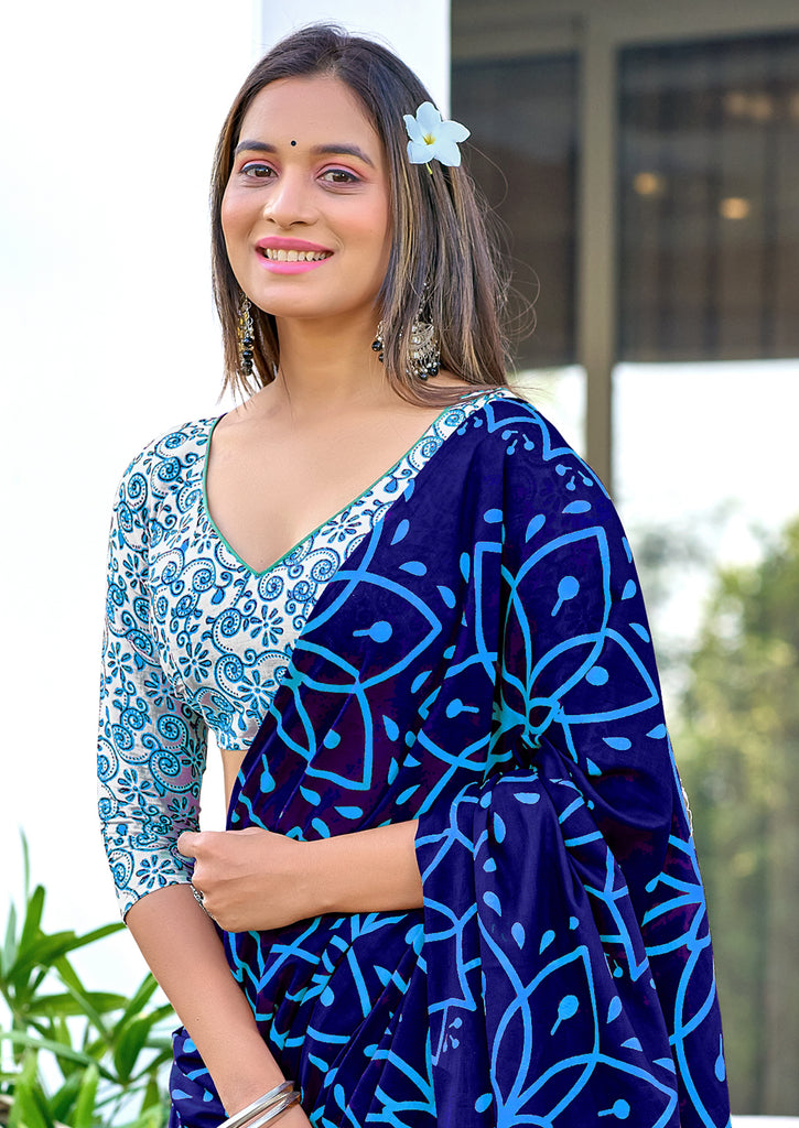 AARICA PURE MULMUL COTTON BATIK STYLE HAND BLOCK PRINTD BLUE SAREE
