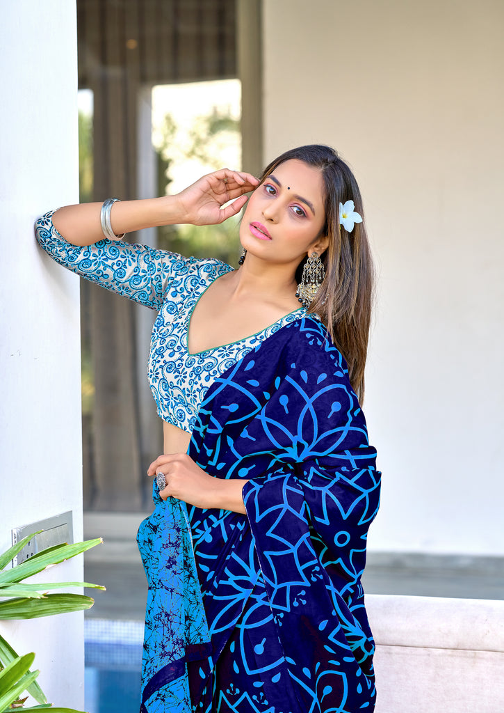 AARICA PURE MULMUL COTTON BATIK STYLE HAND BLOCK PRINTD BLUE SAREE