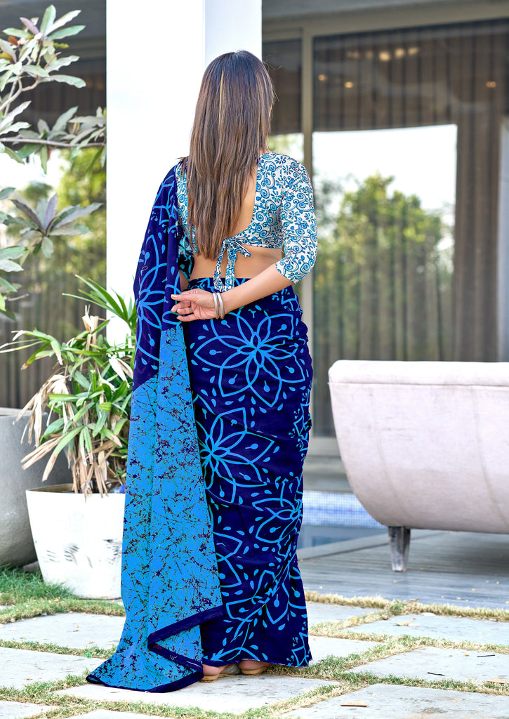 AARICA PURE MULMUL COTTON BATIK STYLE HAND BLOCK PRINTD BLUE SAREE