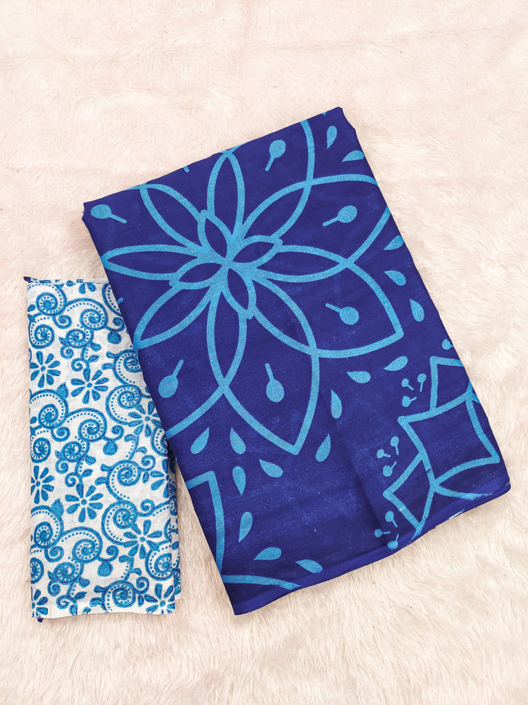 AARICA PURE MULMUL COTTON BATIK STYLE HAND BLOCK PRINTD BLUE SAREE