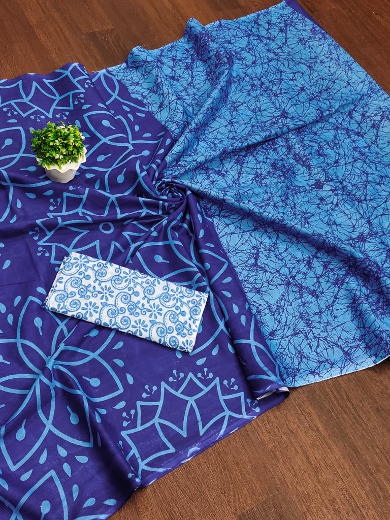 AARICA PURE MULMUL COTTON BATIK STYLE HAND BLOCK PRINTD BLUE SAREE
