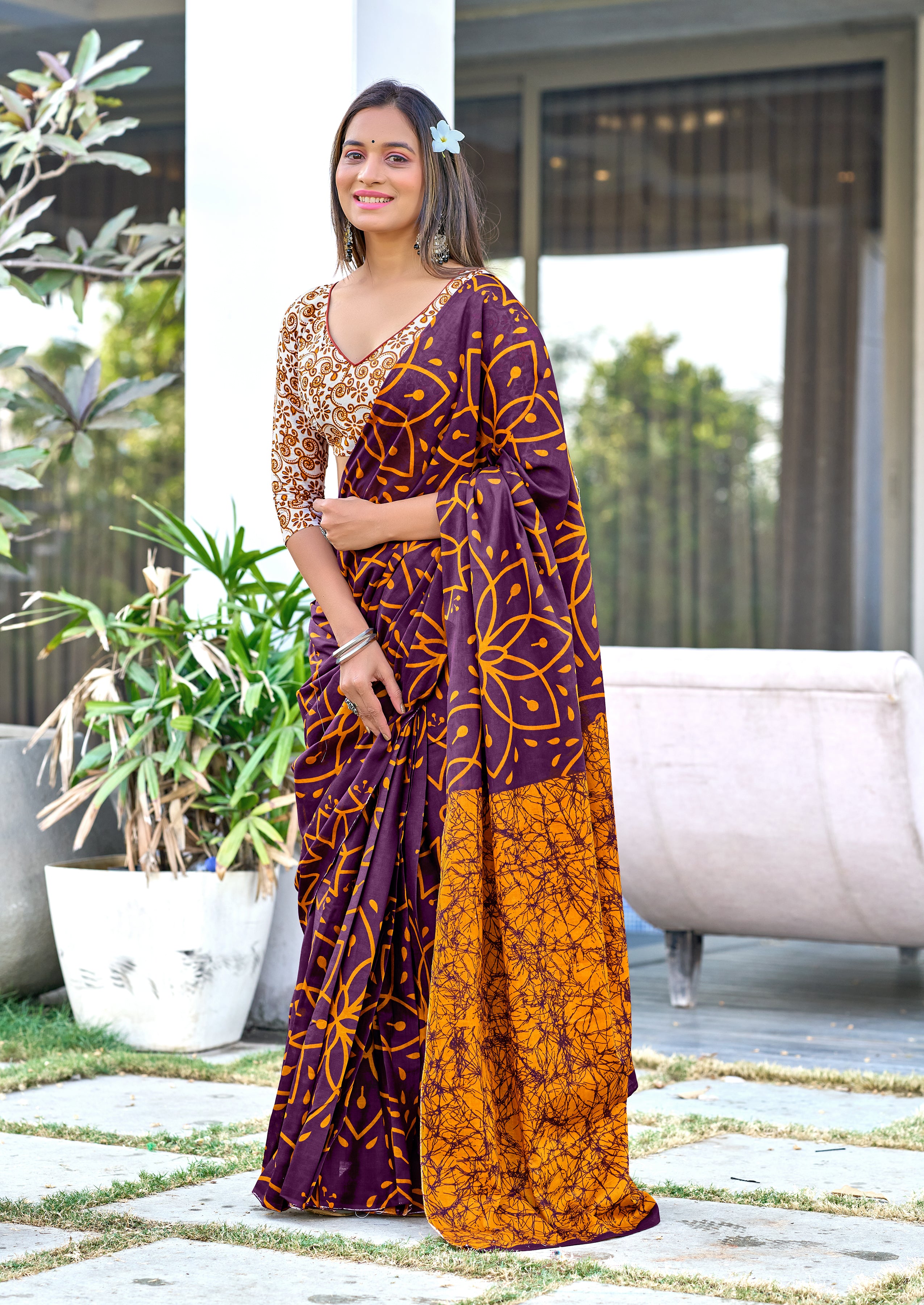 AARICA PURE MULMUL COTTON BATIK STYLE HAND BLOCK PRINTD BROWN SAREE