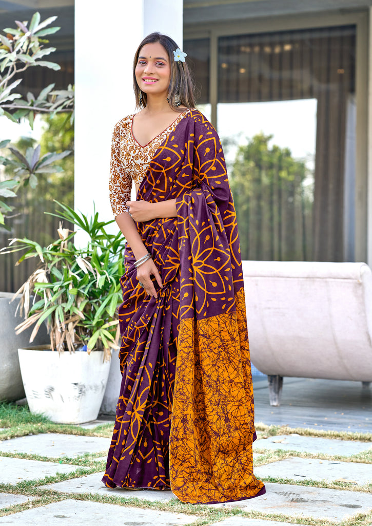 AARICA PURE MULMUL COTTON BATIK STYLE HAND BLOCK PRINTD BROWN SAREE