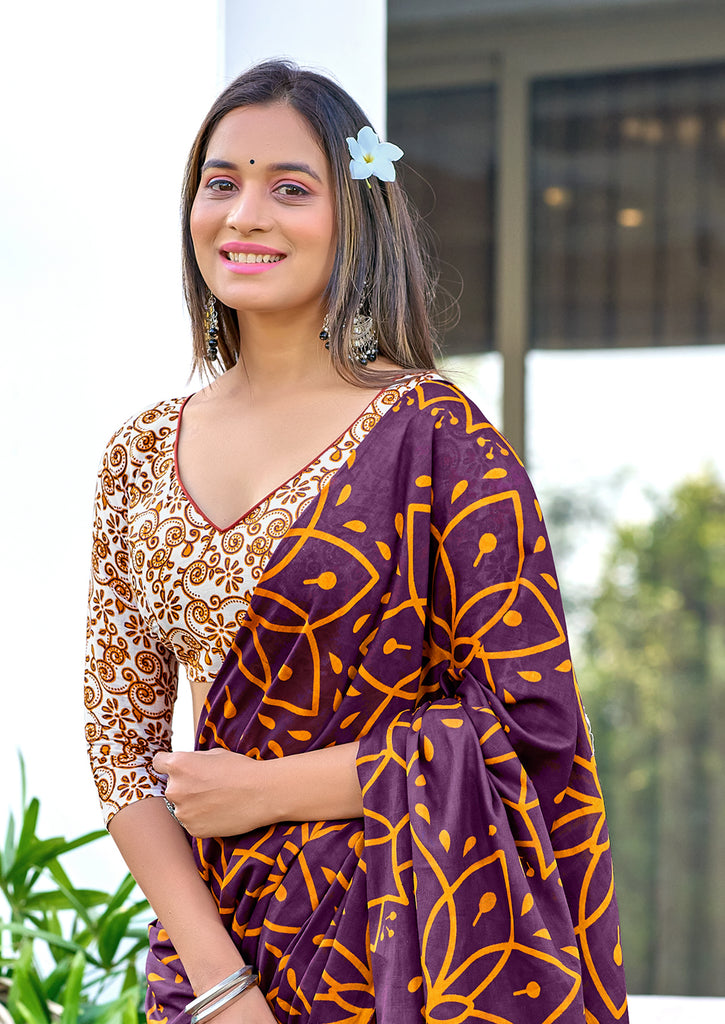 AARICA PURE MULMUL COTTON BATIK STYLE HAND BLOCK PRINTD BROWN SAREE