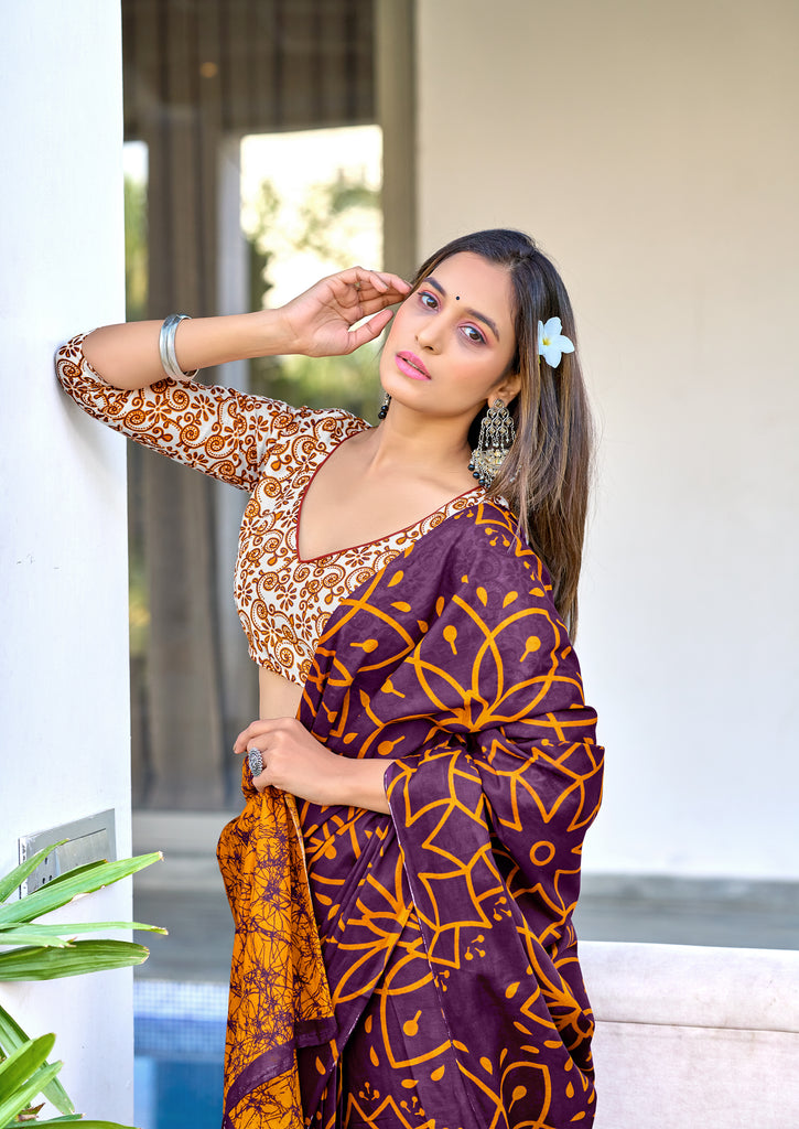 AARICA PURE MULMUL COTTON BATIK STYLE HAND BLOCK PRINTD BROWN SAREE