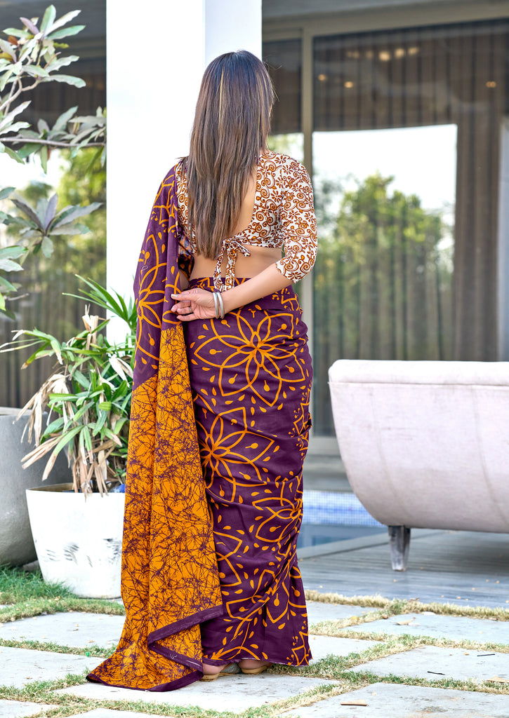 AARICA PURE MULMUL COTTON BATIK STYLE HAND BLOCK PRINTD BROWN SAREE