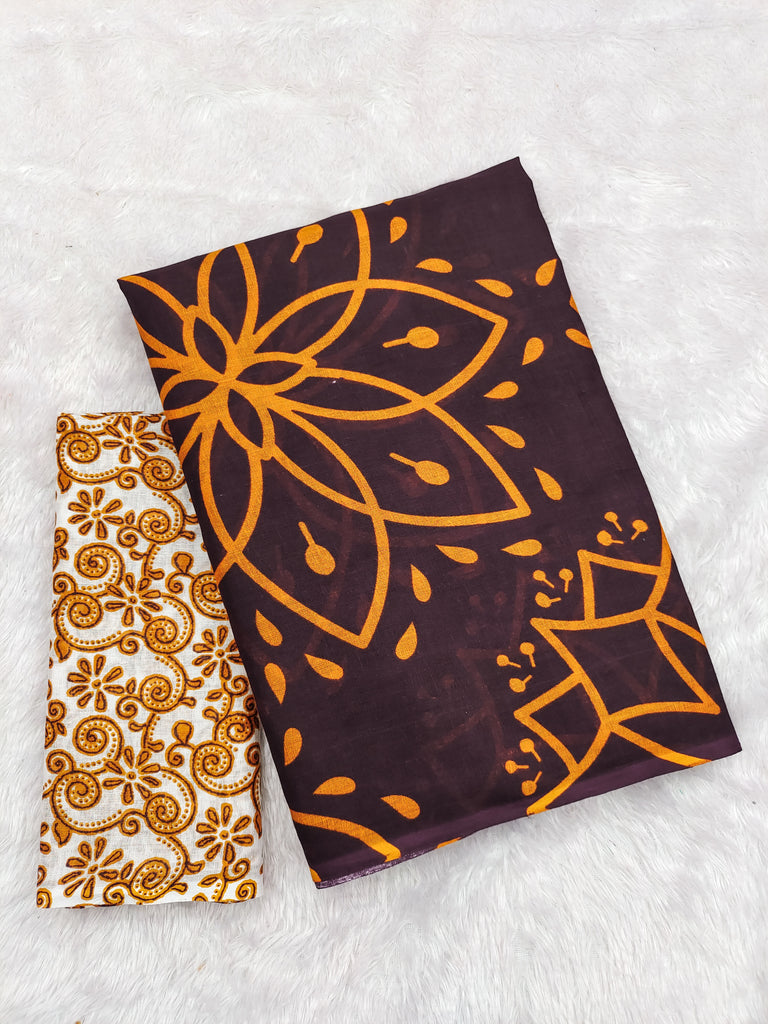 AARICA PURE MULMUL COTTON BATIK STYLE HAND BLOCK PRINTD BROWN SAREE