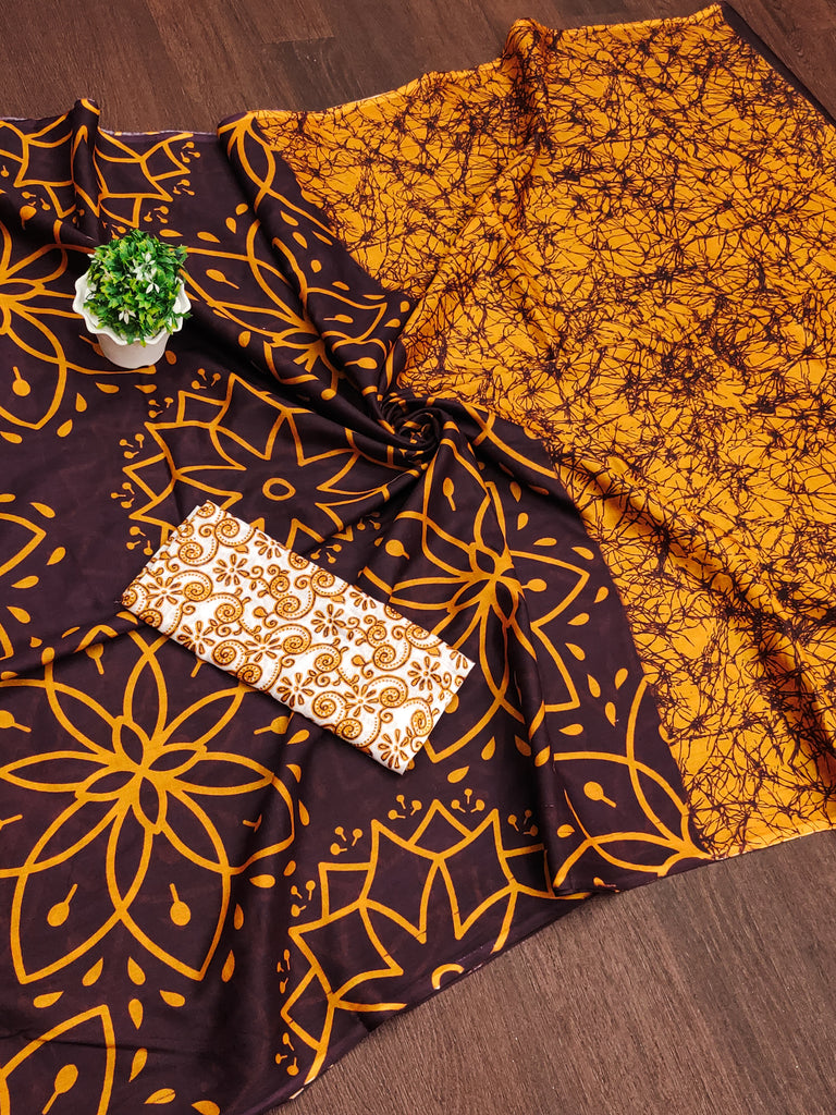 AARICA PURE MULMUL COTTON BATIK STYLE HAND BLOCK PRINTD BROWN SAREE