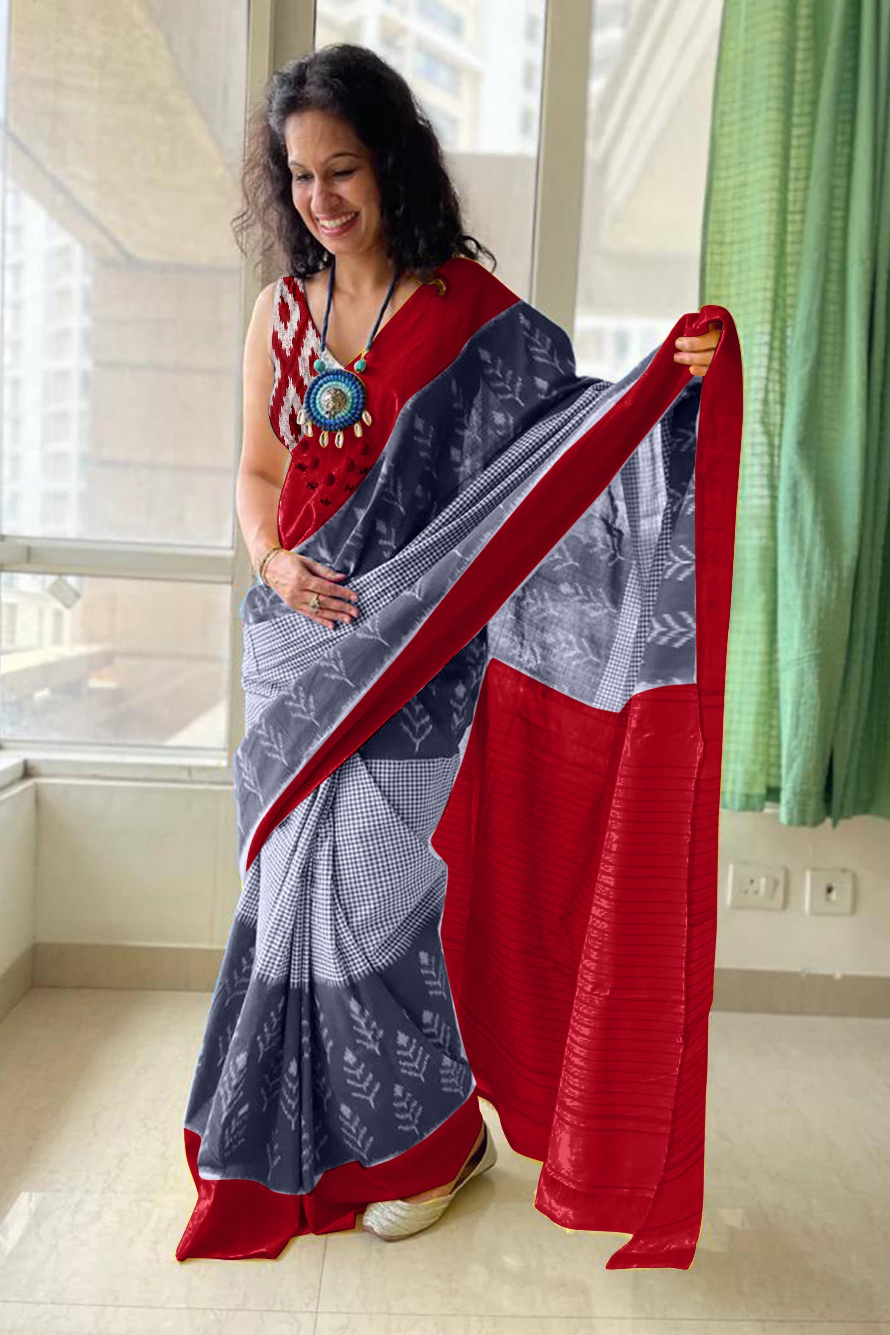 AAITAWATH SOFT PURE COTTON FANCY IKKAT PRINT GREY SAREE