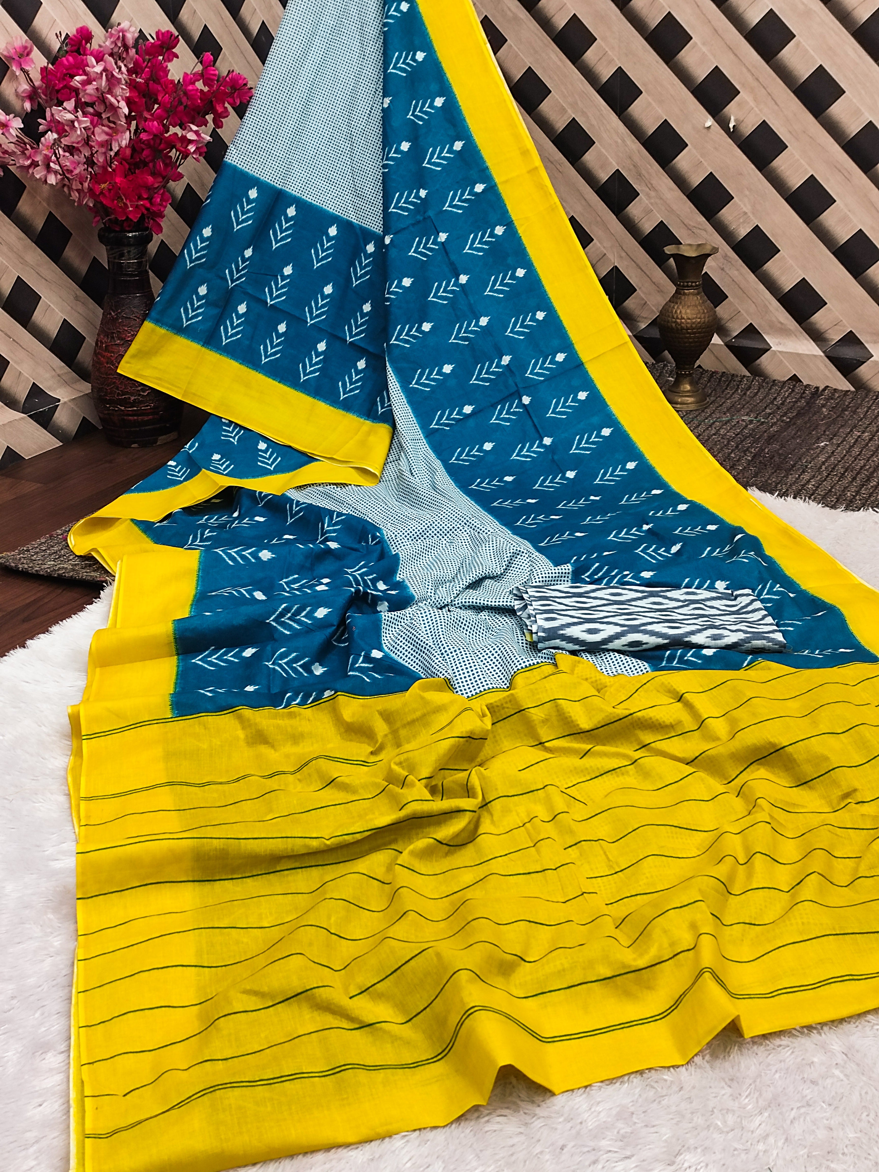 AAITAWATH SOFT PURE COTTON FANCY IKKAT PRINT BLUE SAREE