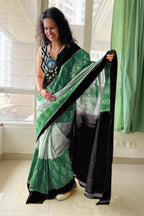 AAITAWATH SOFT PURE COTTON FANCY IKKAT PRINT GREEN SAREE