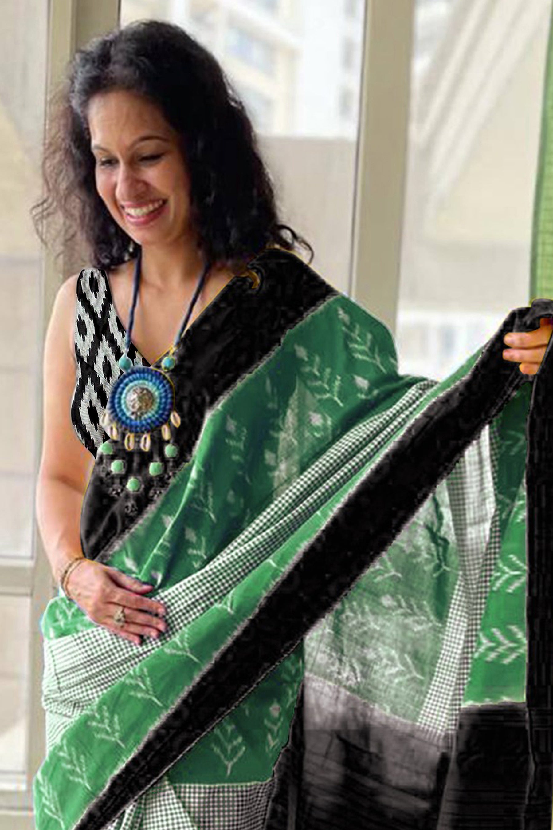 AAITAWATH SOFT PURE COTTON FANCY IKKAT PRINT GREEN SAREE