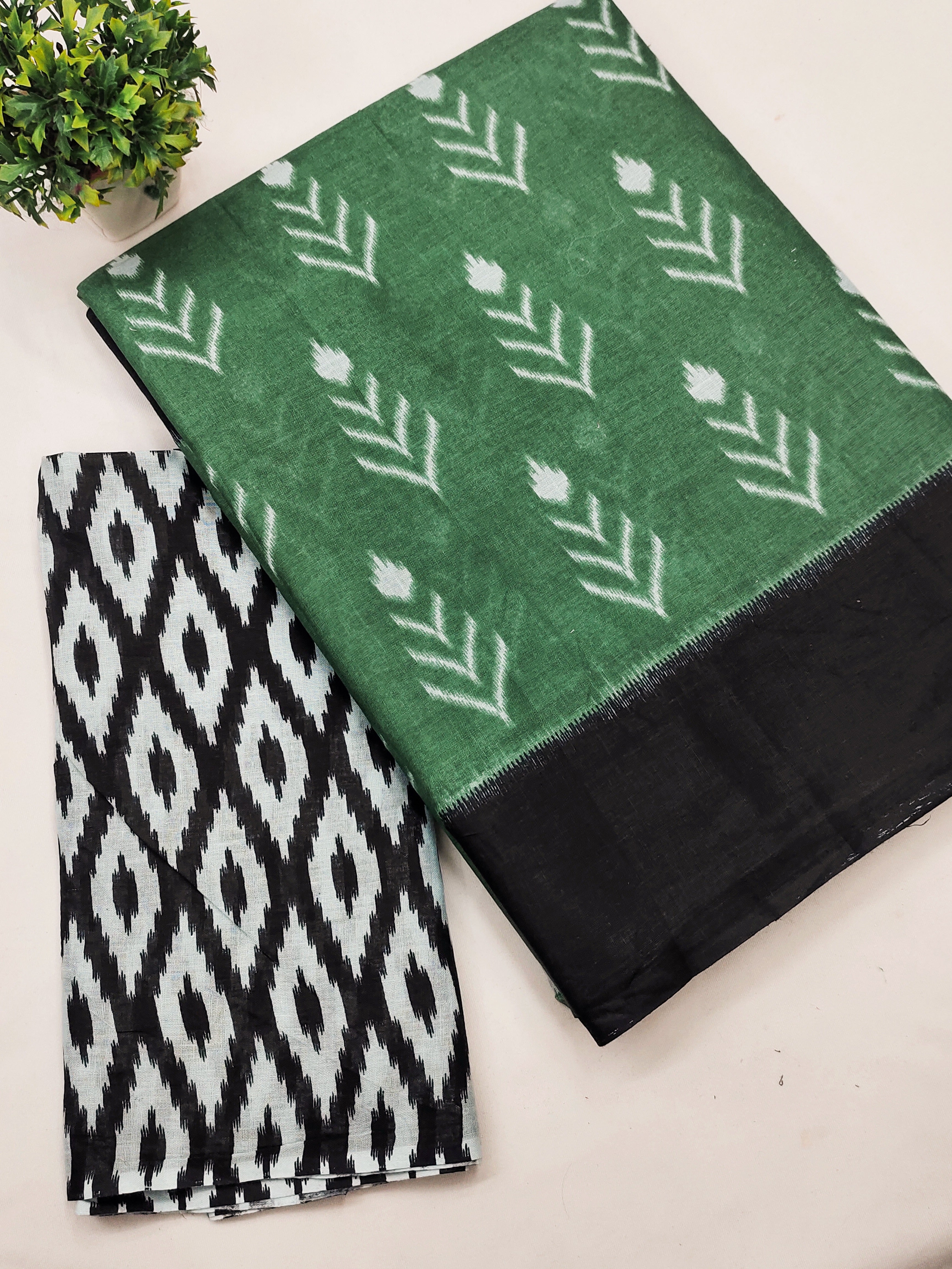 AAITAWATH SOFT PURE COTTON FANCY IKKAT PRINT GREEN SAREE