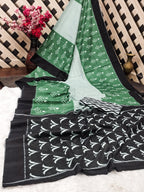 AAITAWATH SOFT PURE COTTON FANCY IKKAT PRINT GREEN SAREE