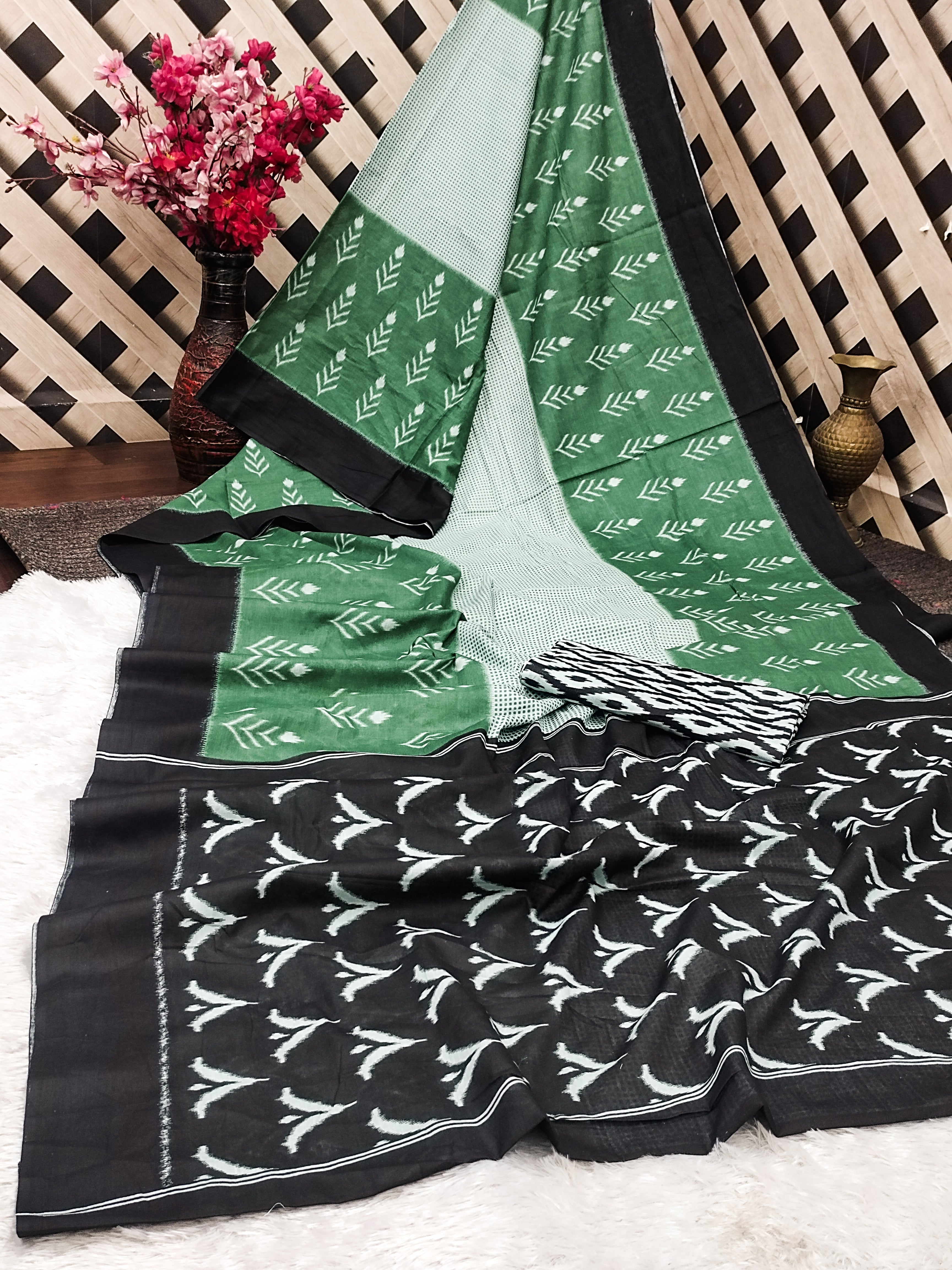 AAITAWATH SOFT PURE COTTON FANCY IKKAT PRINT GREEN SAREE