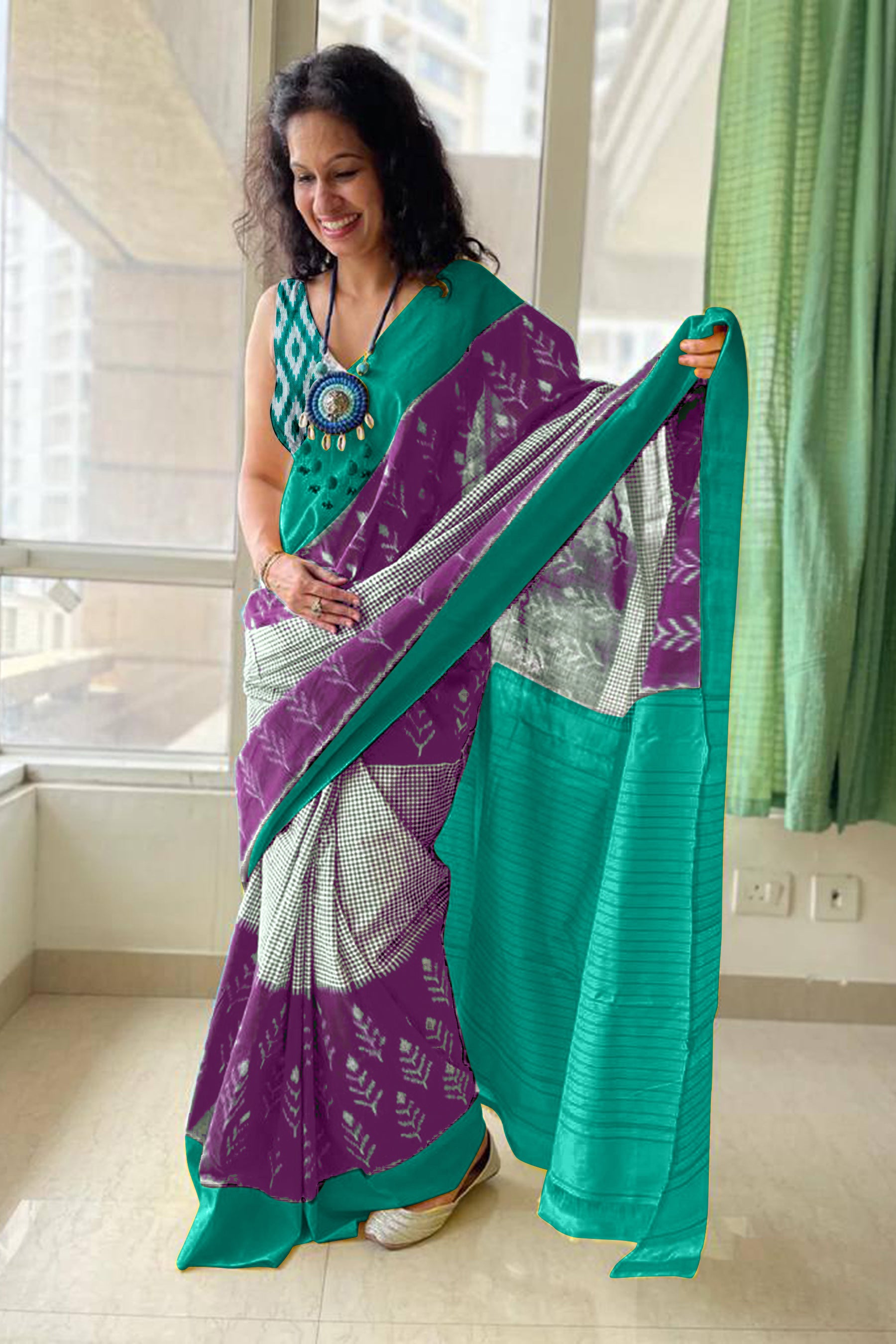 AAITAWATH SOFT PURE COTTON FANCY IKKAT PRINT PURPLE SAREE