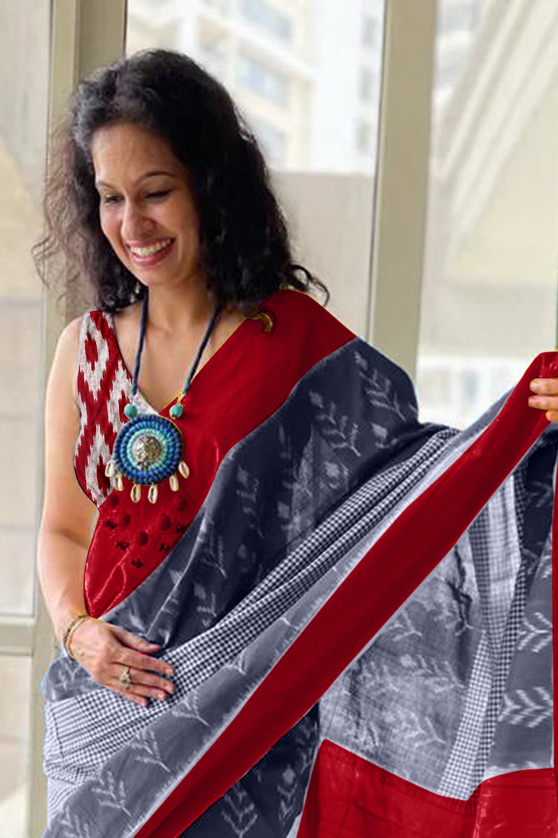 AAITAWATH SOFT PURE COTTON FANCY IKKAT PRINT GREY SAREE