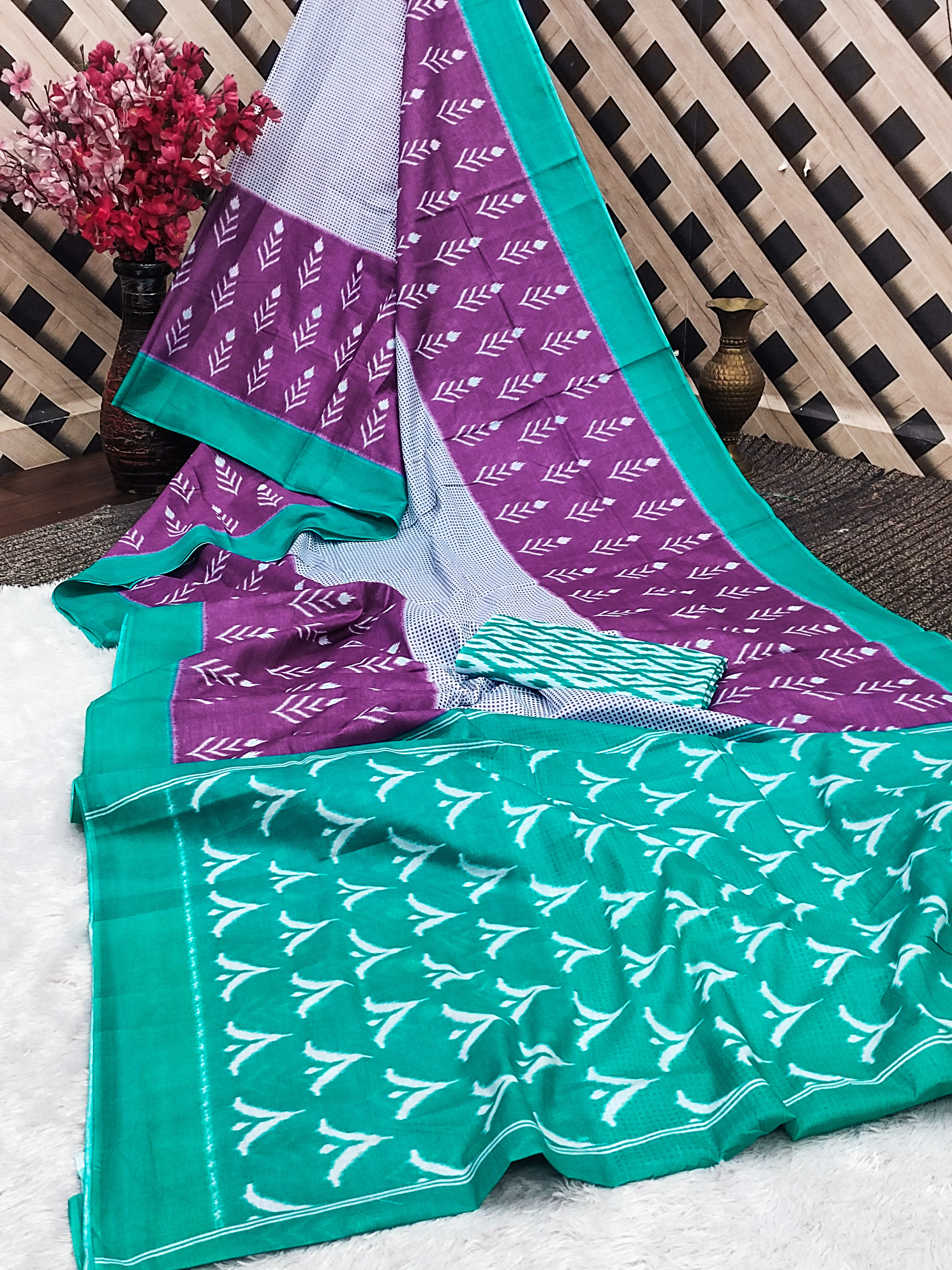 AAITAWATH SOFT PURE COTTON FANCY IKKAT PRINT PURPLE SAREE