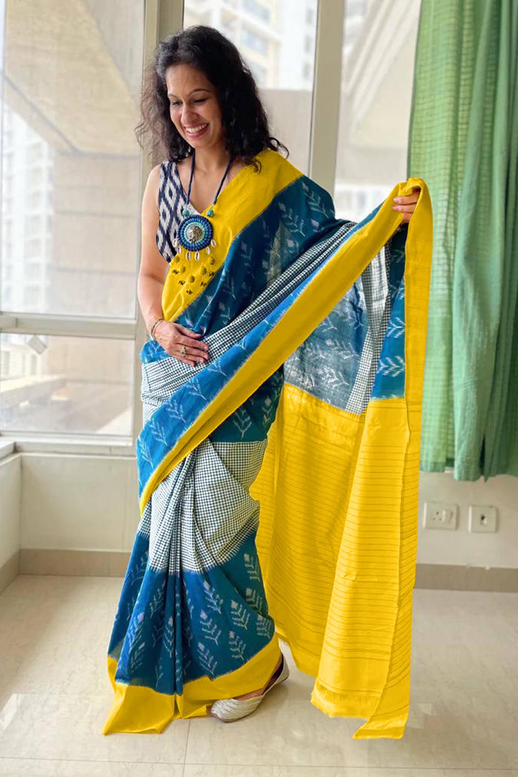 AAITAWATH SOFT PURE COTTON FANCY IKKAT PRINT BLUE SAREE