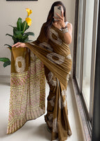 AJRAKH BANDHEJ PURE MULMUL COTTON  HAND BLOCK PRINT BROWN SAREE