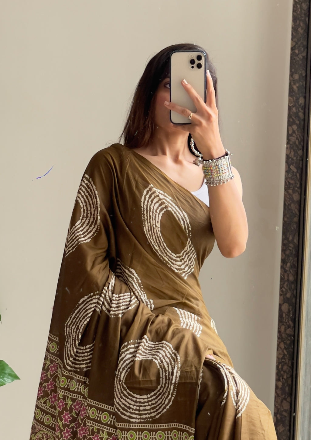 AJRAKH BANDHEJ PURE MULMUL COTTON  HAND BLOCK PRINT BROWN SAREE