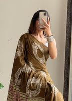 AJRAKH BANDHEJ PURE MULMUL COTTON  HAND BLOCK PRINT BROWN SAREE