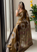 AJRAKH BANDHEJ PURE MULMUL COTTON  HAND BLOCK PRINT BROWN SAREE