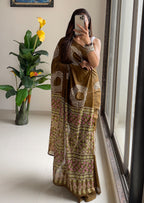 AJRAKH BANDHEJ PURE MULMUL COTTON  HAND BLOCK PRINT BROWN SAREE
