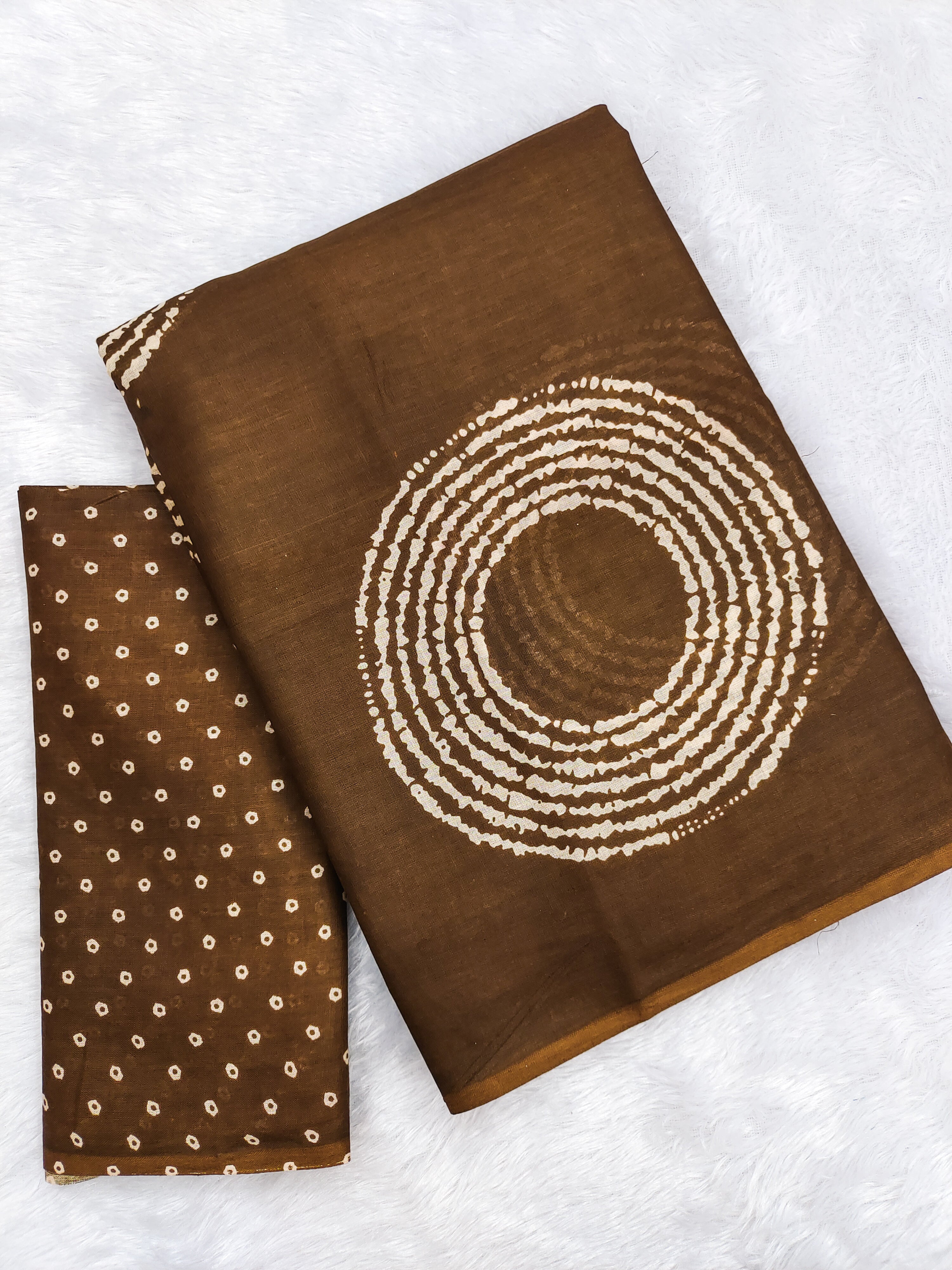 AJRAKH BANDHEJ PURE MULMUL COTTON  HAND BLOCK PRINT BROWN SAREE