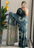 AJRAKH BANDHEJ PURE MULMUL COTTON  HAND BLOCK PRINT GREEN SAREE