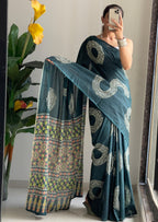 AJRAKH BANDHEJ PURE MULMUL COTTON  HAND BLOCK PRINT GREEN SAREE