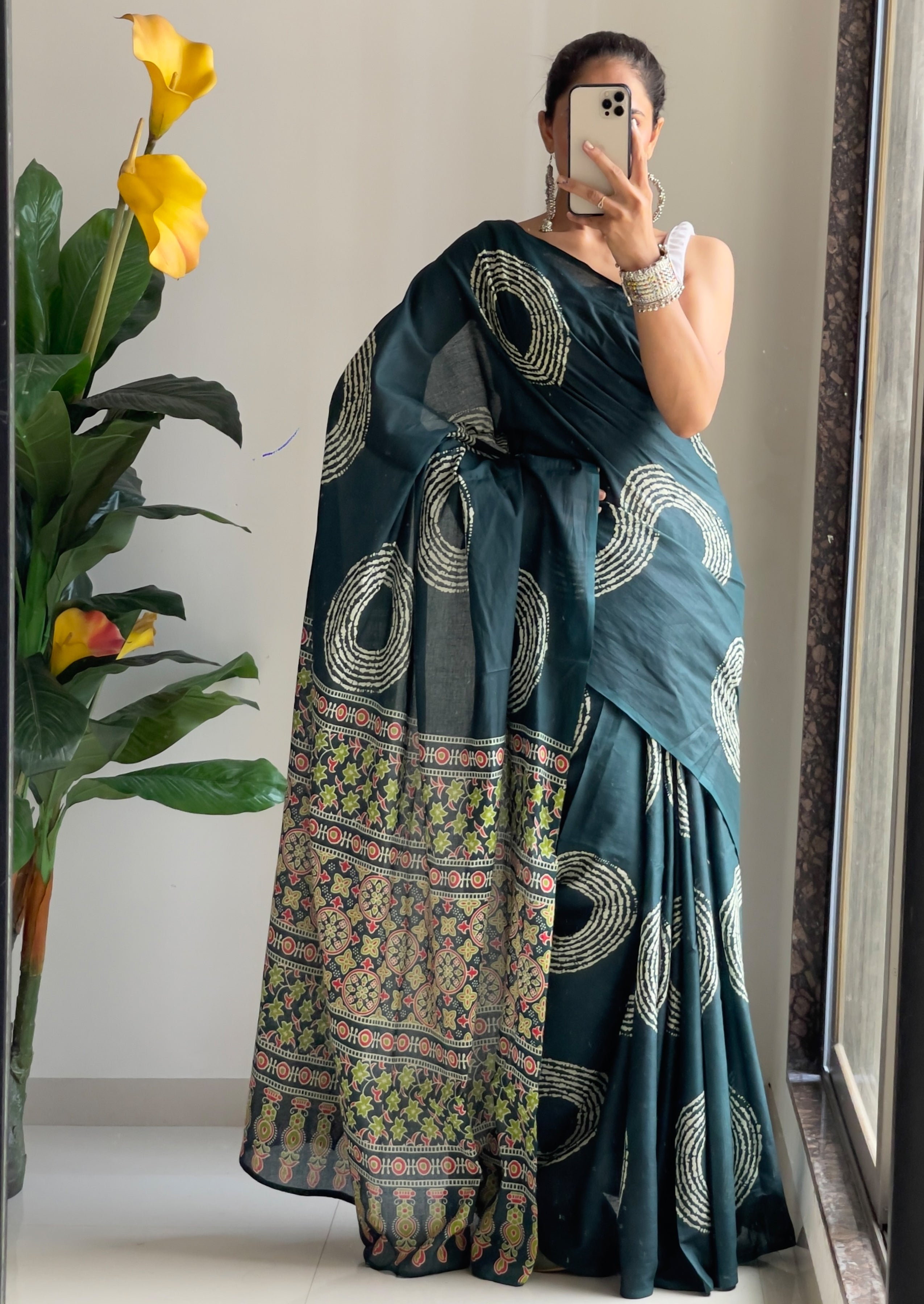 AJRAKH BANDHEJ PURE MULMUL COTTON  HAND BLOCK PRINT GREEN SAREE