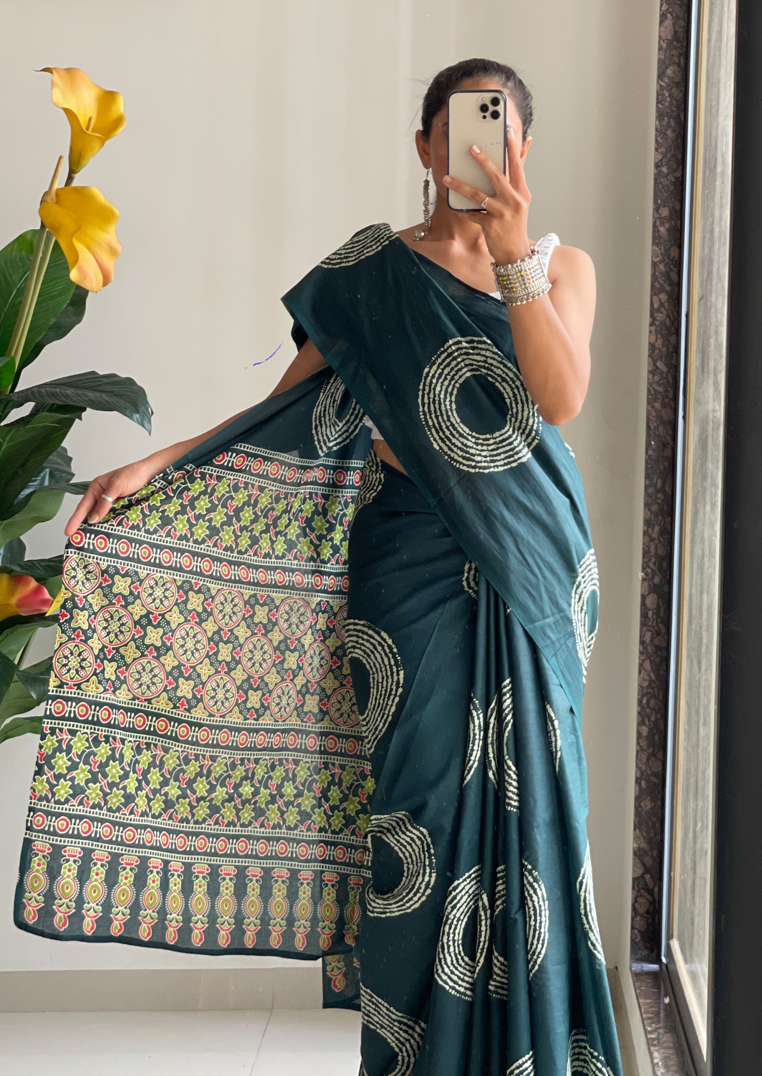 AJRAKH BANDHEJ PURE MULMUL COTTON  HAND BLOCK PRINT GREEN SAREE