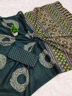 AJRAKH BANDHEJ PURE MULMUL COTTON  HAND BLOCK PRINT GREEN SAREE