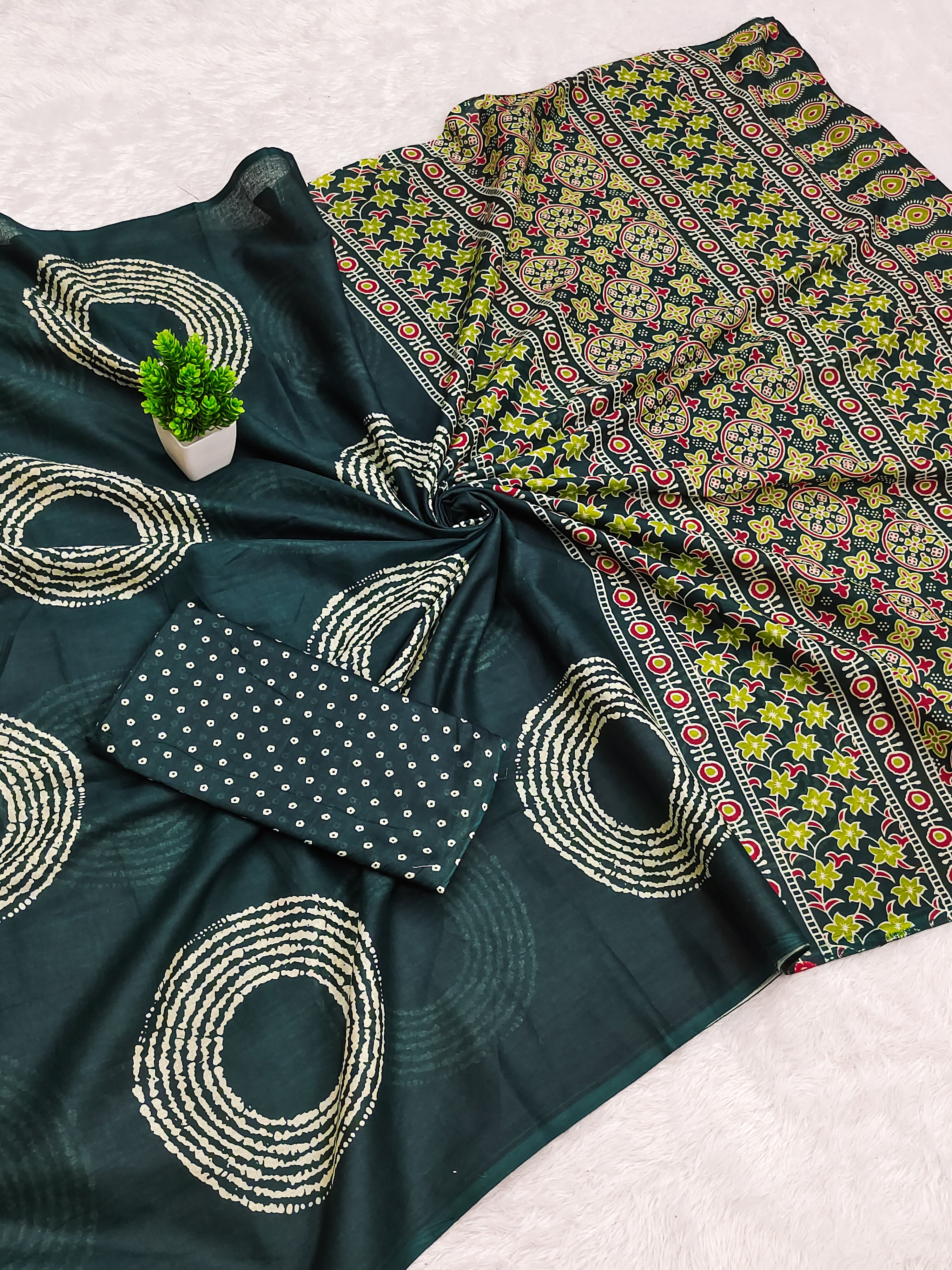 AJRAKH BANDHEJ PURE MULMUL COTTON  HAND BLOCK PRINT GREEN SAREE