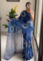 AJRAKH BANDHEJ PURE MULMUL COTTON  HAND BLOCK PRINT BLUE SAREE