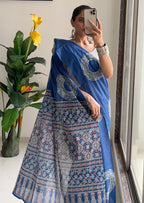 AJRAKH BANDHEJ PURE MULMUL COTTON  HAND BLOCK PRINT BLUE SAREE