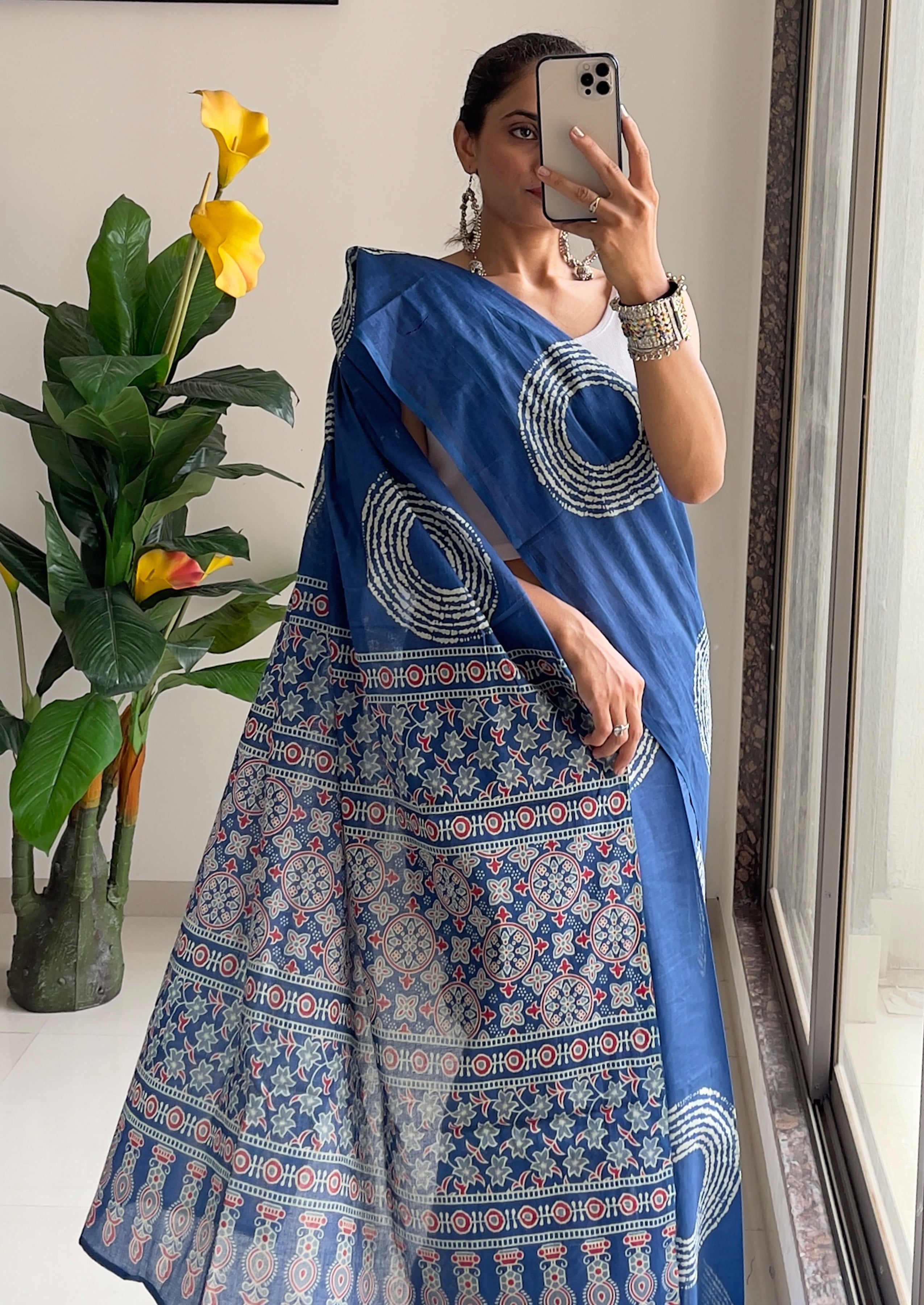 AJRAKH BANDHEJ PURE MULMUL COTTON  HAND BLOCK PRINT BLUE SAREE