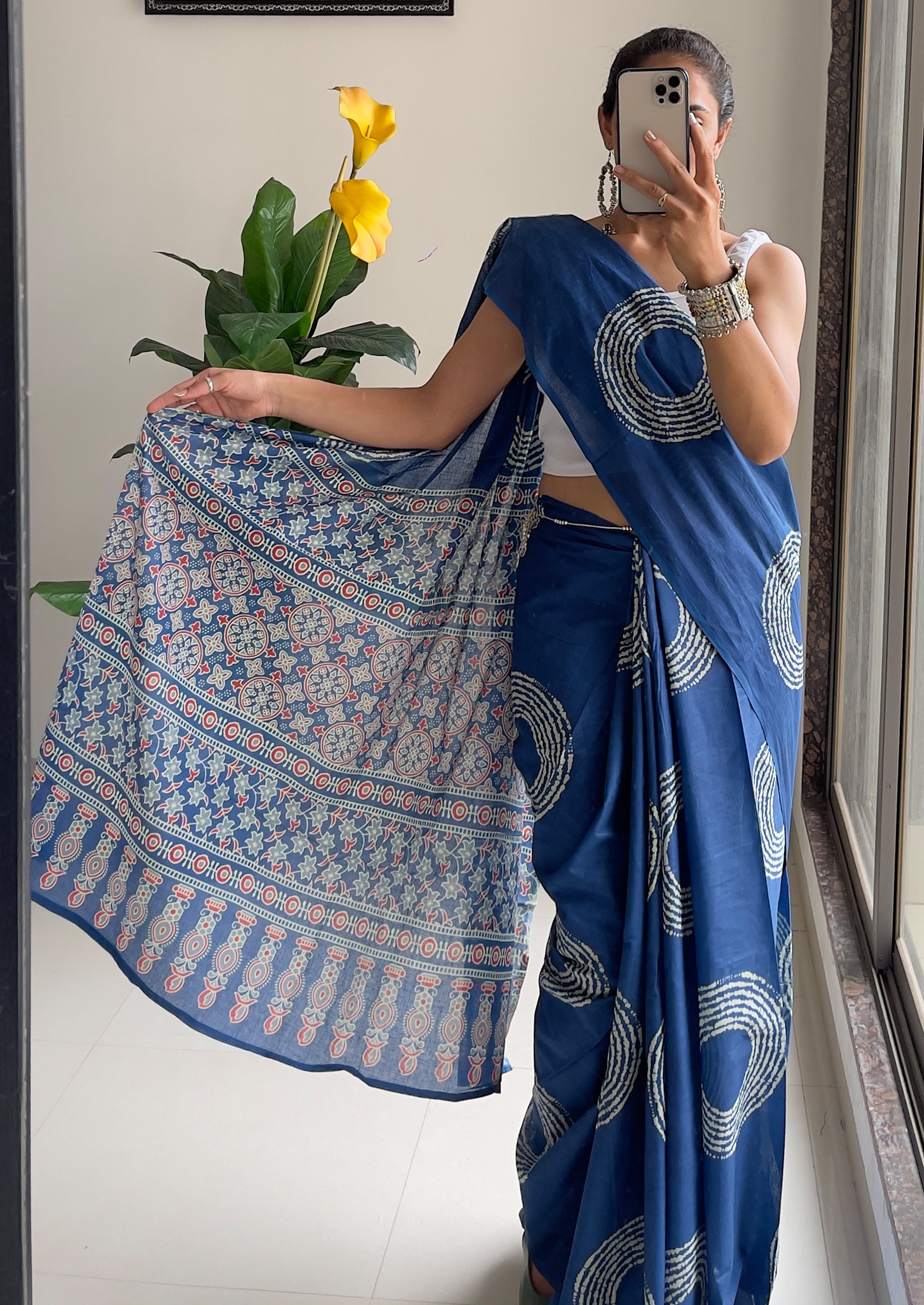 AJRAKH BANDHEJ PURE MULMUL COTTON  HAND BLOCK PRINT BLUE SAREE