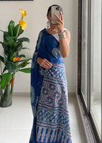 AJRAKH BANDHEJ PURE MULMUL COTTON  HAND BLOCK PRINT BLUE SAREE