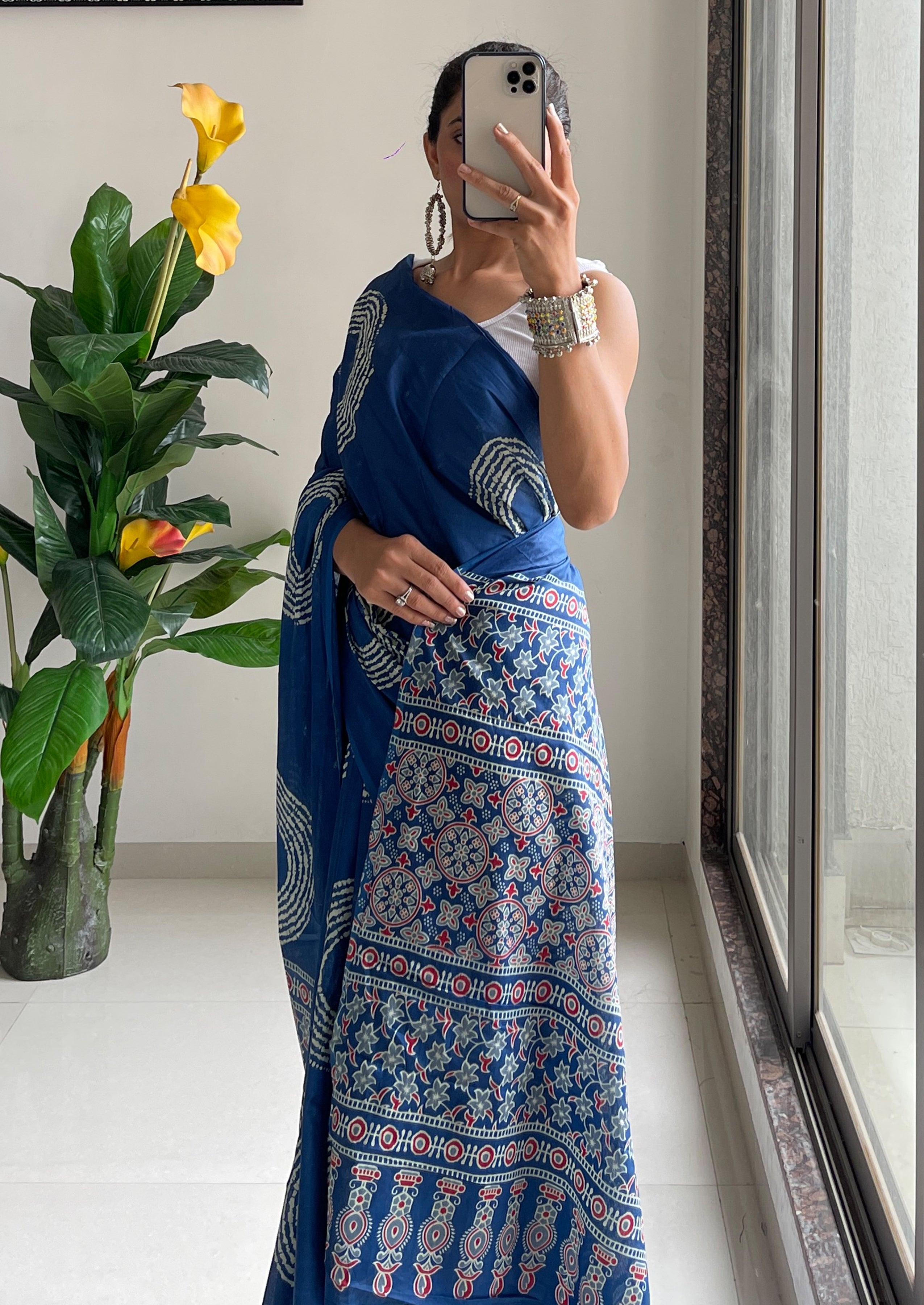 AJRAKH BANDHEJ PURE MULMUL COTTON  HAND BLOCK PRINT BLUE SAREE