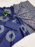 AJRAKH BANDHEJ PURE MULMUL COTTON  HAND BLOCK PRINT BLUE SAREE