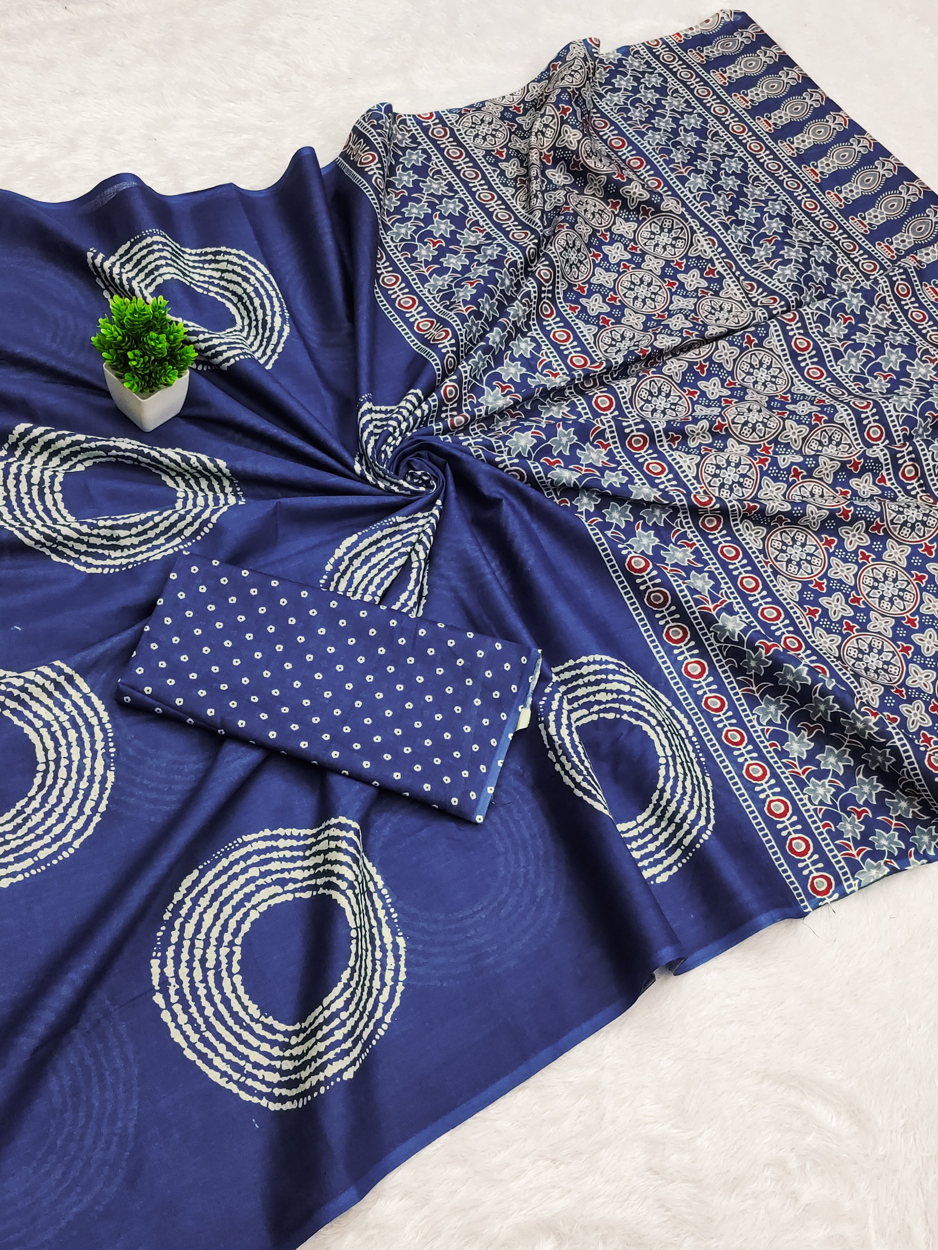 AJRAKH BANDHEJ PURE MULMUL COTTON  HAND BLOCK PRINT BLUE SAREE