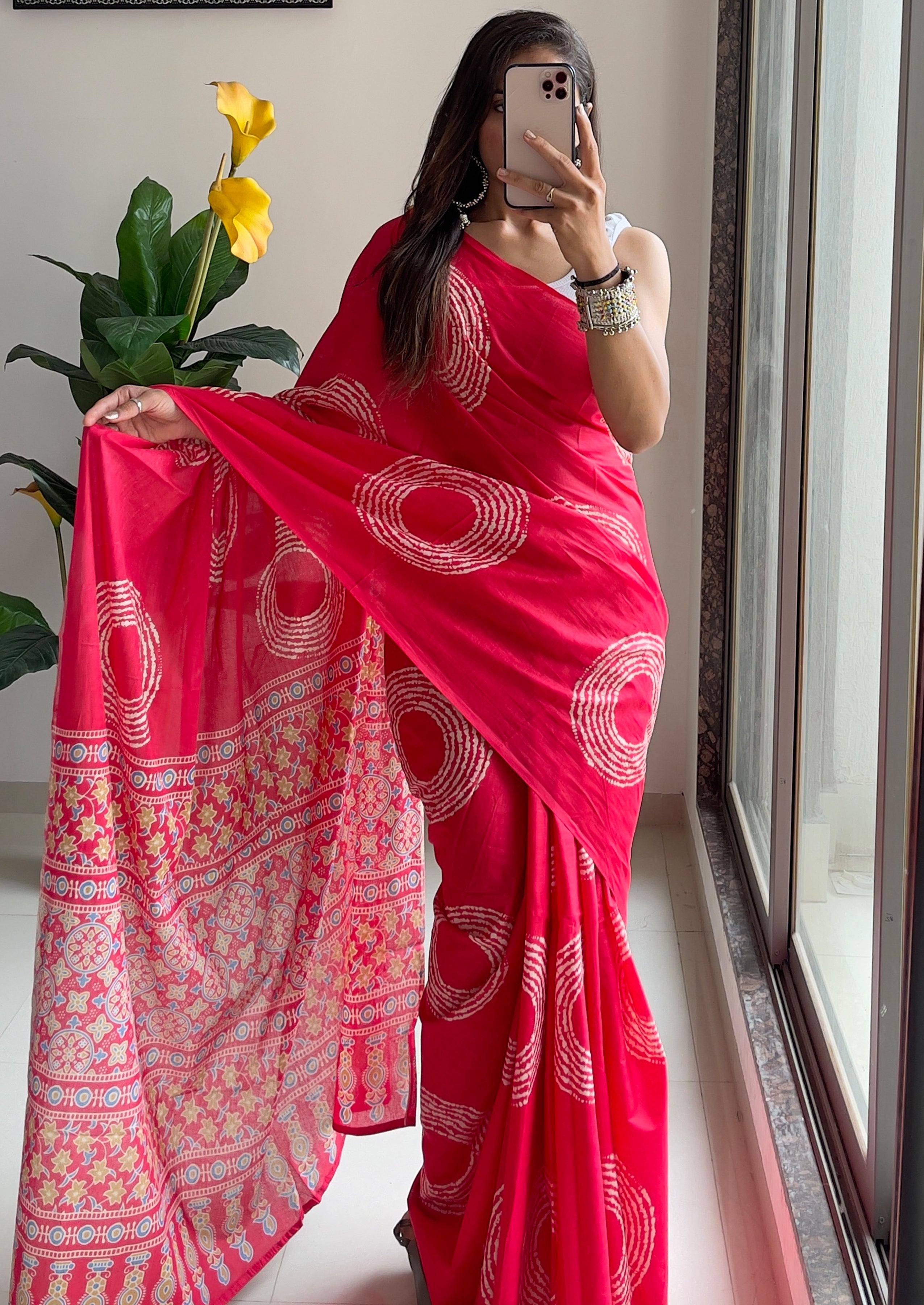 AJRAKH BANDHEJ PURE MULMUL COTTON  HAND BLOCK PRINT PINK SAREE