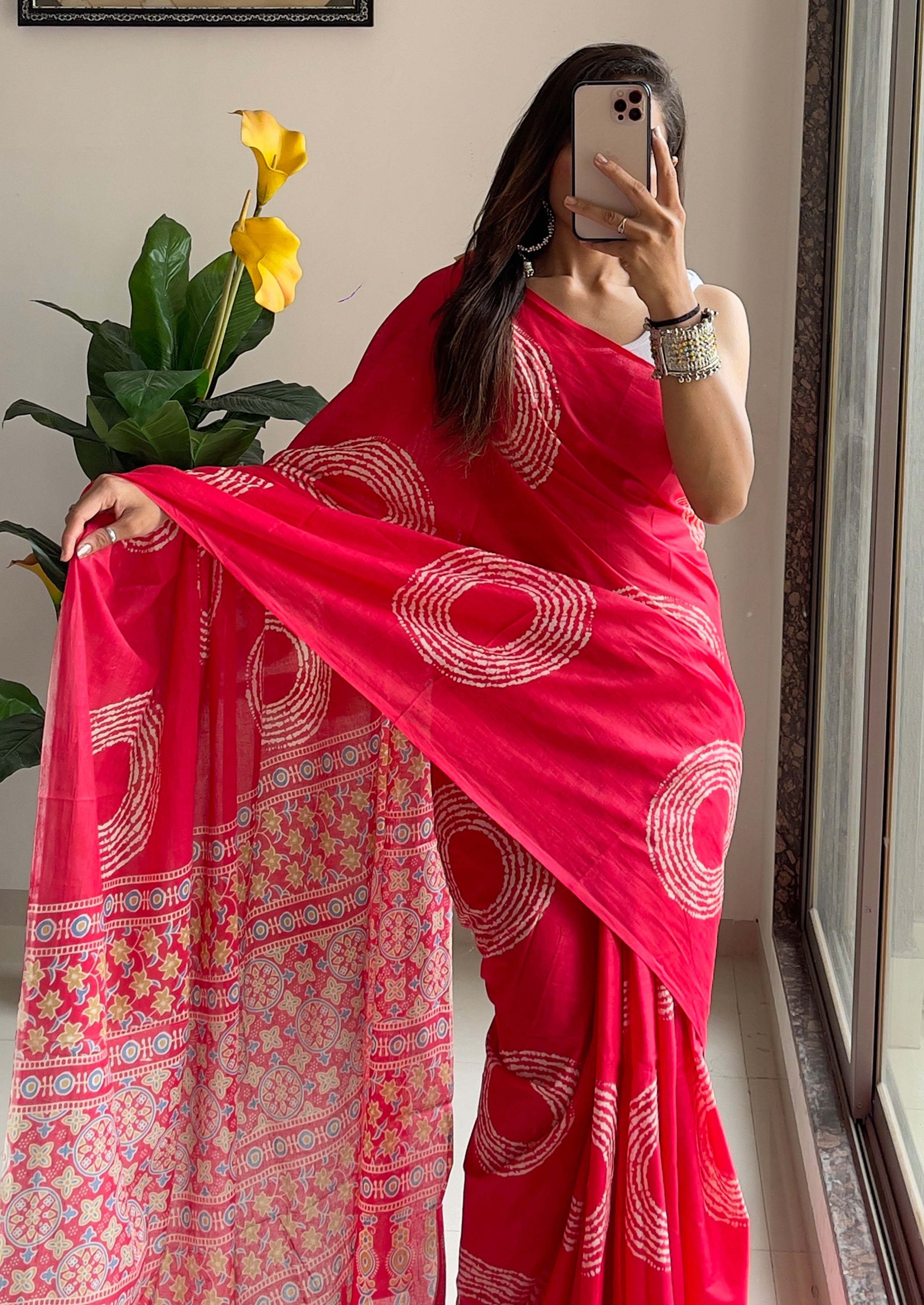 AJRAKH BANDHEJ PURE MULMUL COTTON  HAND BLOCK PRINT PINK SAREE