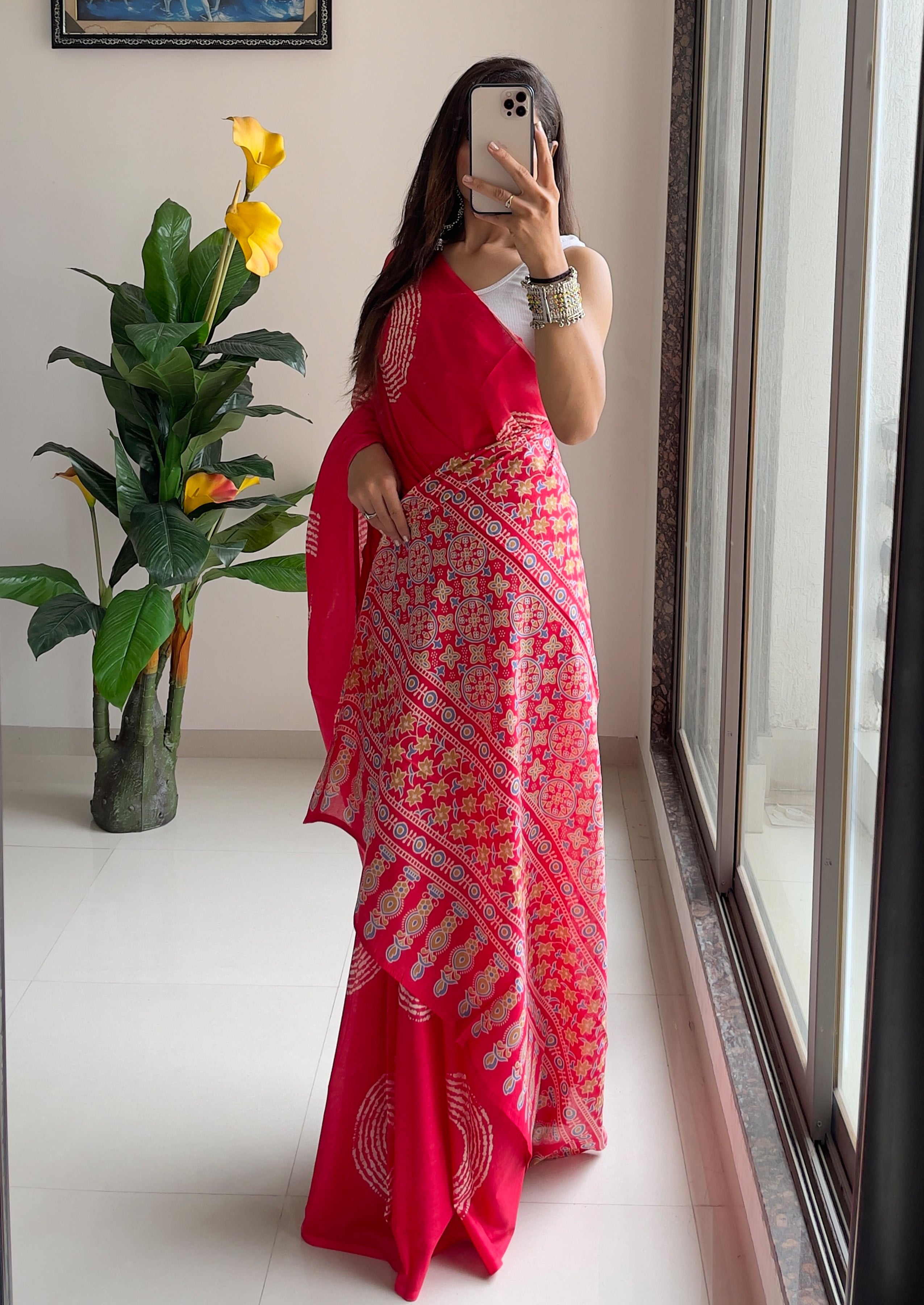 AJRAKH BANDHEJ PURE MULMUL COTTON  HAND BLOCK PRINT PINK SAREE