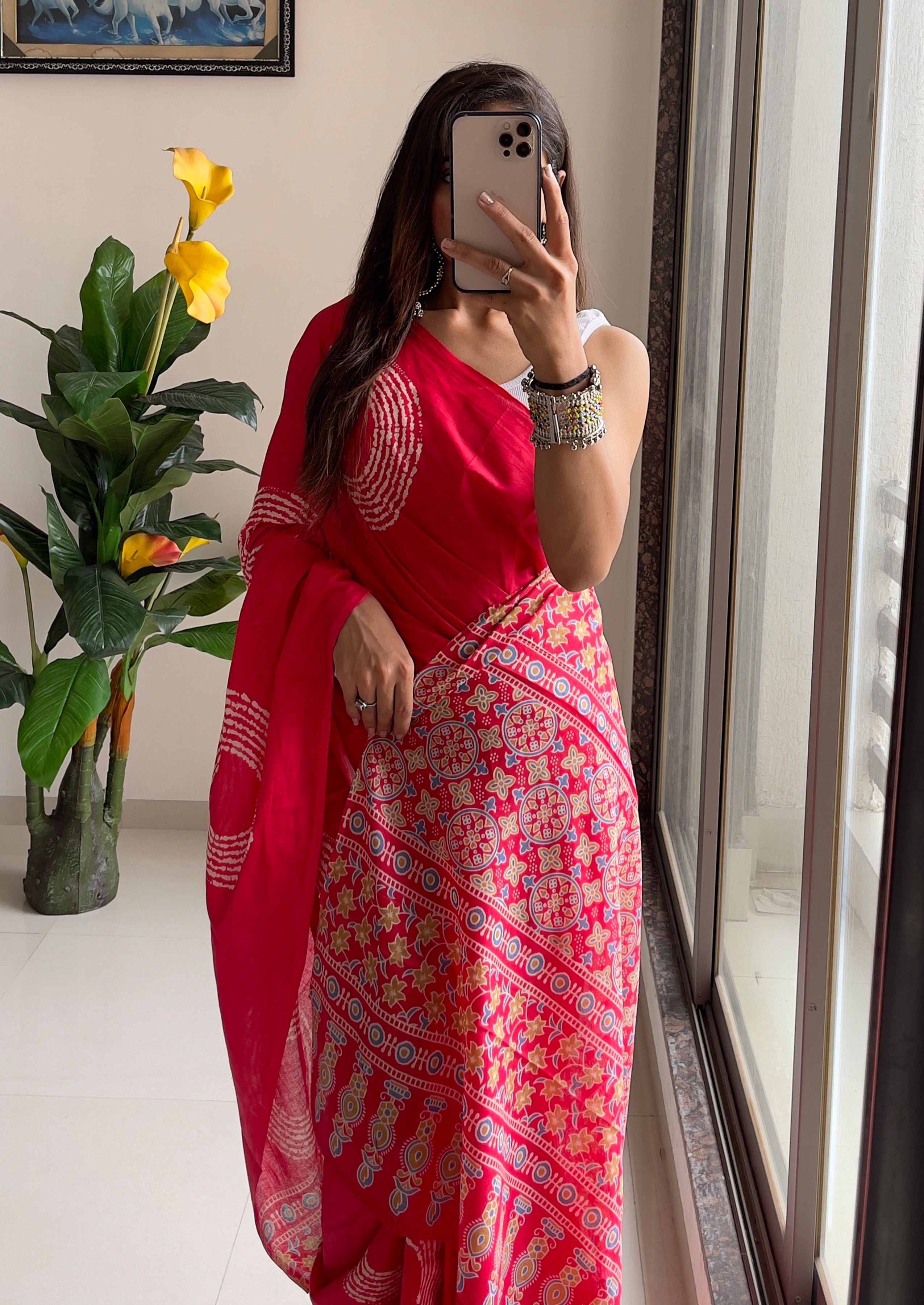 AJRAKH BANDHEJ PURE MULMUL COTTON  HAND BLOCK PRINT PINK SAREE